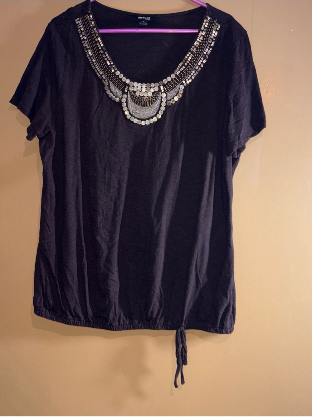 HC844  STYLE & CO Brown T-shirt Top w/ Gold Silver Pewter Stud Neckline Sz 1X